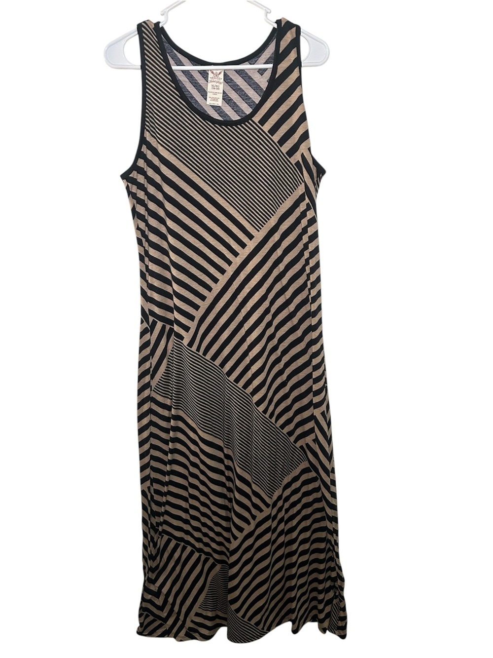 Faded Glory Sleeveless Striped Maxi Dress Black Tan Fall Light Tank Casual Retro